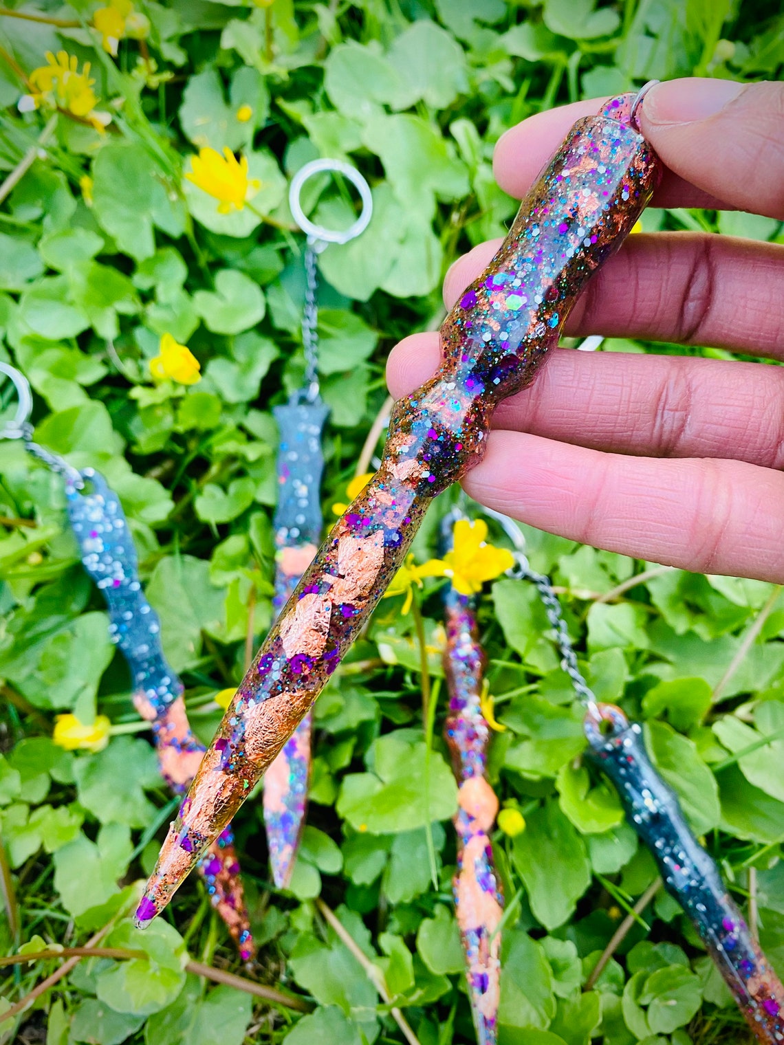 Mini Wand Shaped Resin Keychains with Glitter and Foil Etsy