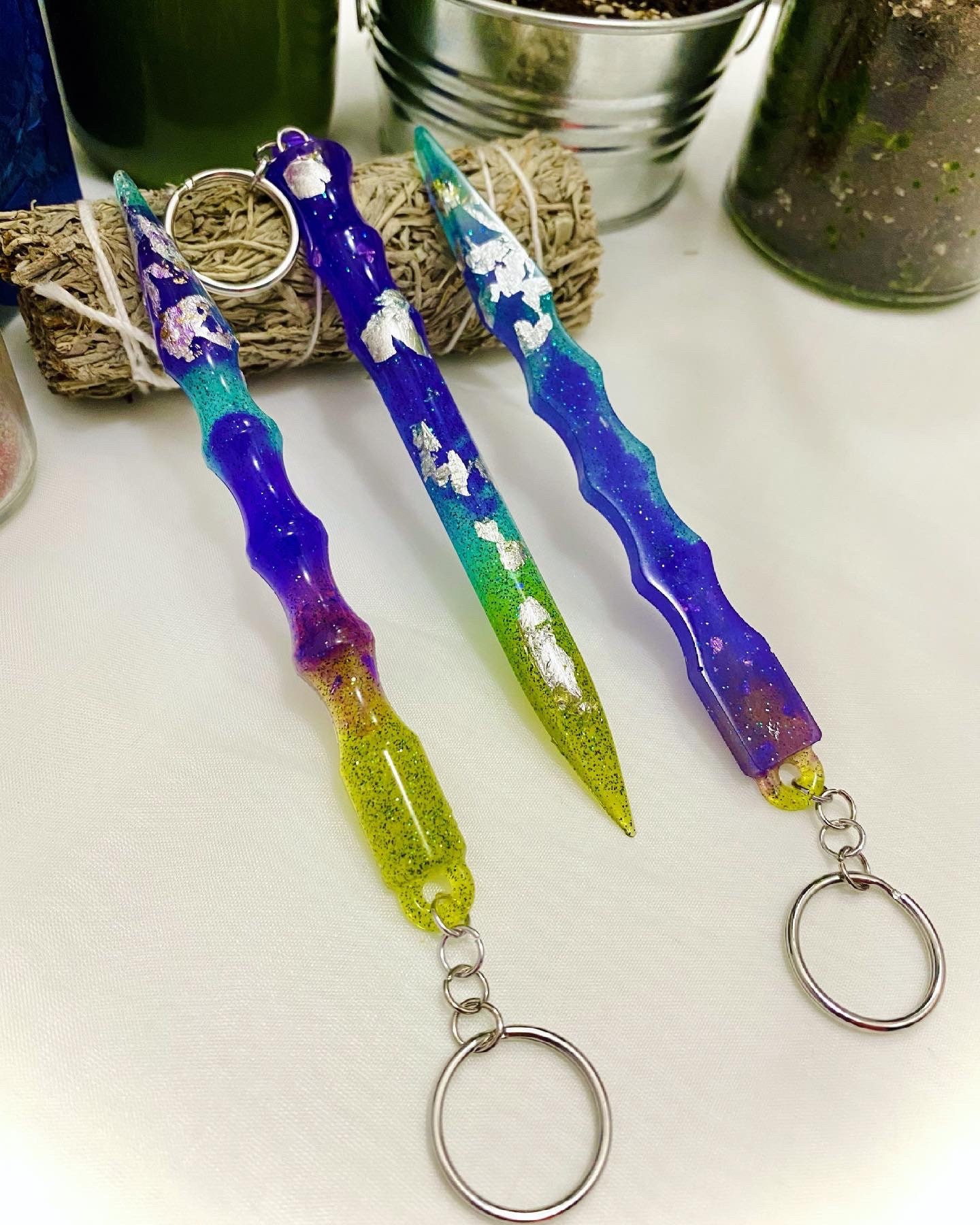 Mini Wand Shaped Resin Keychains with Glitter and Foil Etsy