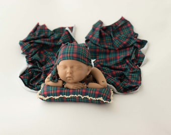 Checked Pattern Newborn Wrap, Pillow, Knot Hat, Newborn Photography Props, Plaid Pattern Hat, Scotch Plaid Pillow, Christmas Theme Props Set