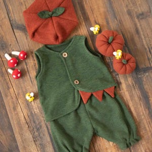 May include: A green baby outfit with a vest and trousers, featuring orange accents. A matching orange hat with green leaf details is included. Decorative elements include red mushroom figures and small yellow bee figures.