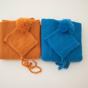 Newborn Knitted Wrap with Pom Pom Bonnet, Newborn Mohair Wrap, Newborn Knit Wrap, Newborn Props for Photography, Newborn bonnet and Wrap Set