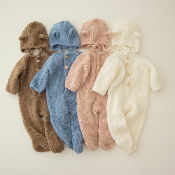 Ensemble barboteuse et bonnet tricotés pour nouveau-né, tenue d'ours en peluche pour nouveau-né pour la photographie, couche posant pour nouveau-né, barboteuse à pieds, accessoires de photographie pour nouveau-né