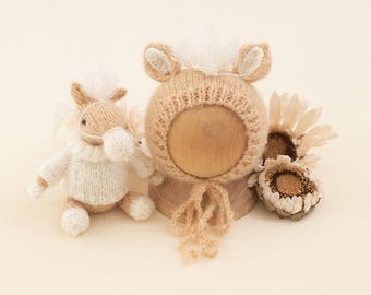Handknitted Newborn Horse Set, 2026 Photo Prop, Pony Photography Props, Bonnet Toy and Wrap