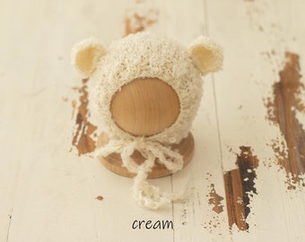Knit Bonnet Bear Bonnet for Newborn Photo, Prop for Newborn, Baby Bear Hat , Knit Bonnet, Newborn Photography Props
