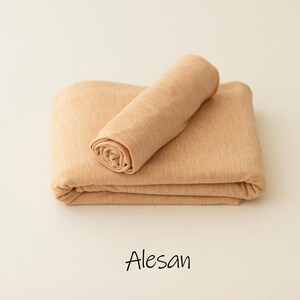 May include: A folded piece of light tan fabric with a smooth, soft texture. A smaller, rolled section of the same tan material rests on top of the larger folded base. The word Alesan is printed in black text below the fabric pieces.