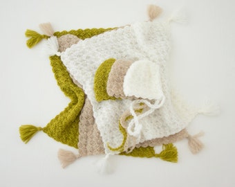 Newborn Knitted Blanket and Bonnet Set: Tasseled Photo Prop