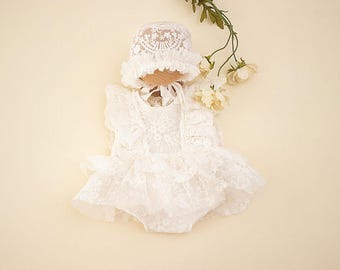 Newborn White Lace Dress: Photography Props, Pearl Headband, Baby girl Photo Outfit
