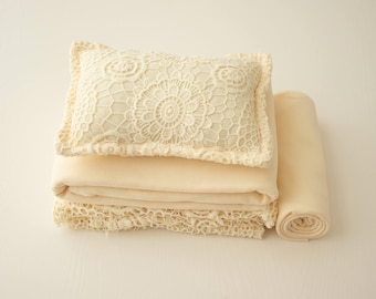 Newborn Photography Prop Set: Lace Pillow, Wrap, Backdrop