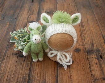 Newborn Horse Set, Knitted Horse bonnet and toy, Symbol of 2026, Pony Photography Props