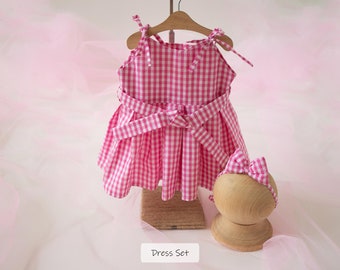 Newborn Pink Dress Props, Baby Girl Pink Plaid Dress Set, Hot Pink Dress For Baby Girl, Newborn Photography Props, Baby Photoshoot Dress Set