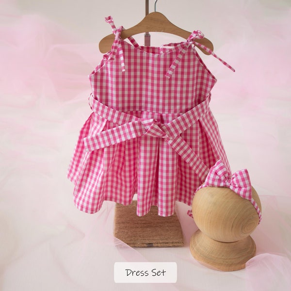 Newborn Pink Dress Props, Baby Girl Pink Plaid Dress Set, Hot Pink Dress For Baby Girl, Newborn Photography Props, Baby Photoshoot Dress Set