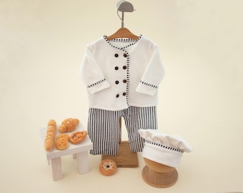 Newborn Chef Photography Prop Set: Wool Felt Bread, Hat & Romper