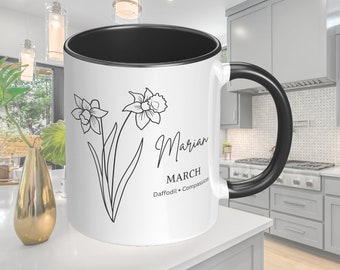 Birth Flower Personalized Mug, Birth Flowers Birthday Gifts, Custom Mug with Birth Flower and Name,   Co-Worker Gift, Thank You Gift