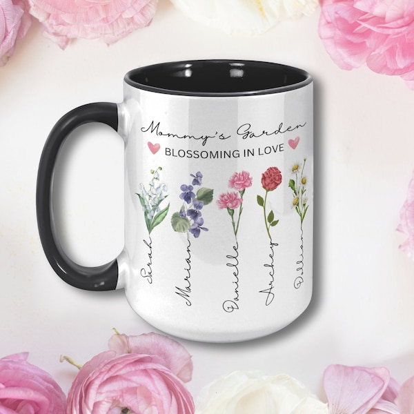 Nanas Garden Mug, Birth month Flowers Custom Mug with Children Names, Grandmas Garden Children Birthday Flower Gift for Mom