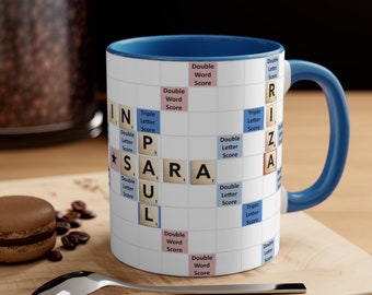 Personalized Scrabble Name Mug, Custom Word Game Cup, Ceramic Coffee Tea Gift
