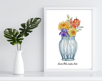 Birth Flower Bouquet, Grandmas Garden Vase Print, Custom Birth Month Flowers digital Print, Digital Download, Grandmas Garden