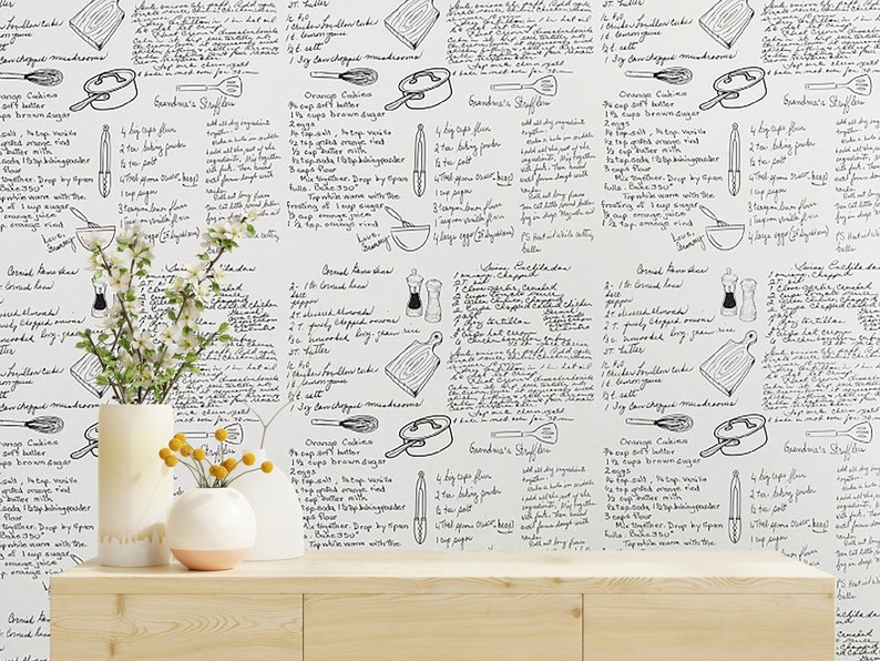 Peel and Stick Recipe Wallpaper, Custom Wallpaper, Handwritten Recipe, Kitchen Backsplash, Wall Mural, Personalized wallpaper image 1