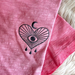 Vintage Embroidered Tee: Hot Pink Evil Eye Design (Size Medium)