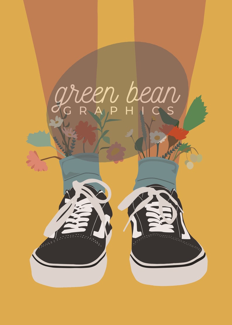 May include: A pair of black canvas shoes with white laces and a white stripe on the side. The shoes are worn by a person with blue socks and flowers growing out of the socks. The background is a yellow and orange striped pattern with the text "green bean GRAPHICS" in a circle.