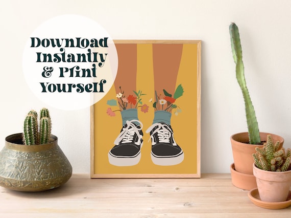 Floral Sneakers Art Print: Yellow Sneaker Wall Decor (Digital Download)