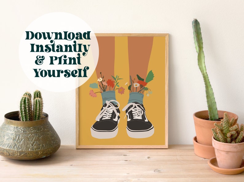 May include: A digital illustration of a pair of black trainers with flowers growing out of the socks. The background is yellow.
