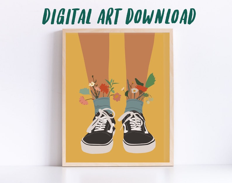 May include: Digital art print of a pair of black trainers with flowers growing out of the top of the shoes. The background is a solid yellow colour.