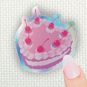 Vintage Heart Cake Sticker - Pink Cake Lover - Cherry Cake Sticker - 3&quot; - Vinyl Holographic Sticker