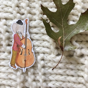 Cute Watercolor Jazz elephant playing the double bass sticker. Double Bass player gift. Gift for musicians. Water bottle sticker