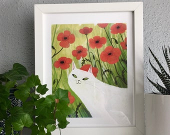 Summer poppies Cat art print  8”x10”. Cute digital illustration green and red art print. Cat lover gift white cat. Summer illustration