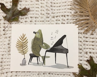 Piano Playing animal fish 5”x7” art print.Cute watercolor illustration nursery art