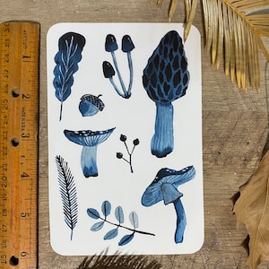 Blue mushrooms sticker sheet, cottagecore stickers, fall leaves, mushrooms, acorns journaling bujo sticker sheet