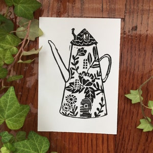 Teapot house Lino print. Handprinted cottage core art print 3.5”x5”. Black and white art print.  Tea lover gift, art print for the kitchen