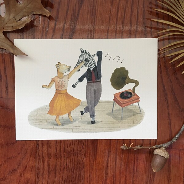 Dancing jazz couple musical animals 5”x7” art print.Cute watercolor illustration nursery art print. Valentine’s day gift lion and zebra