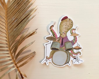 Watercolor Octopus playing the drums. Funny piano stickers. Musical animal stickers. Gift for drummers, drumset lover gift