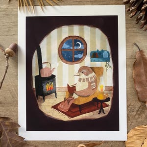 Cozy reading nightingale in burrow home baby nursery art print 8”x10”. Baby shower gift. New home gift, cottage core art, reading lover gift