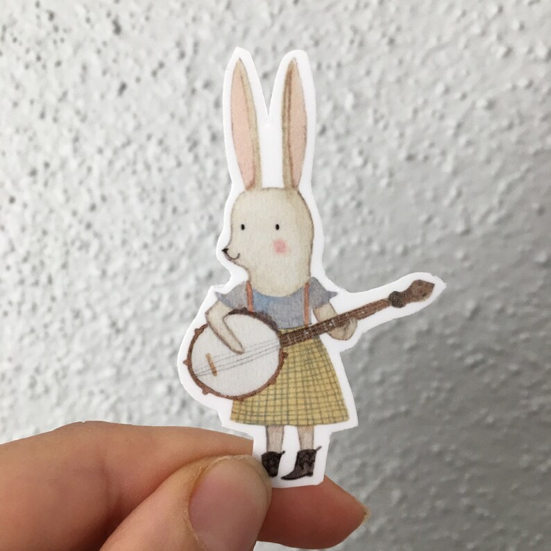 Bluegrass bunny playing the banjo sticker. Cute musical animal stickers. Gift for banjo player music teacher. Blues rabbit sticker image 2