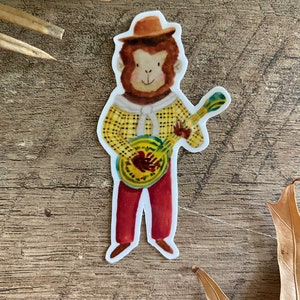Bluegrass monkey playing the guitar sticker. Cute musical animal stickers. Gift for guitar player music teacher. Blues monkey sticker