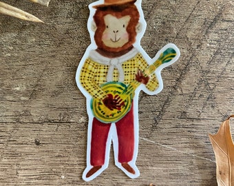 Bluegrass monkey playing the guitar sticker. Cute musical animal stickers. Gift for guitar player music teacher. Blues monkey sticker