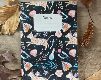 Dark academia handmade notebook. 5”x7” botanical, magic, tiger, moth watercolor plain page note book. Cottage core notebook