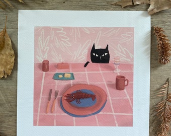 Funny black cat 8”x8” art print. Cat lover gift, pink kitchen art print, cheeky cat art, sneaky cat illustration