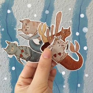 4 Mermaid cats temporary tattoos. Cute illustrated kitties, mercats merkitties. Gift for girls, gift for Cat lovers