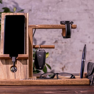 Personalized Docking Station, Wood Phone Holder, Watch Stand, 5th Anniversary Gift for Husband