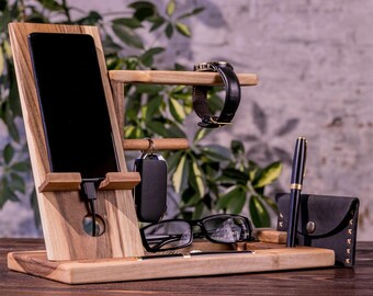 Custom Wood Docking Station Men, Watch Stand, Phone Holder, Personalized Corporate Gifts, Desk Organizer Gift for Him