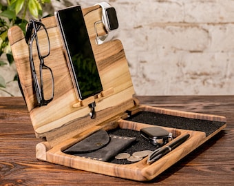 Op maat gemaakte opberger voor nachtkastje, notenhouten draadloze oplader, pennenhouder, horloge- en brilstandaard, gepersonaliseerd cadeau voor collega