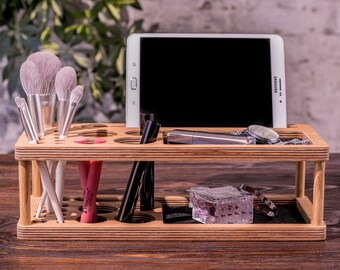 Organiseur de maquillage personnalisé, Support en bois pour pinceaux de maquillage, Boîte de rangement pour produits de beauté, Organiseur de salle de bain pour elle, Cadeau d'anniversaire en bois pour femme