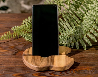 Wooden iPhone Stand,  Personalized Wood Phone Holder, Apple-Shaped Mobile Stand, Desk Accessories with Custom Engraving