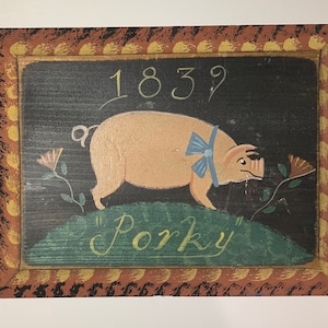 Wendy Presseisen Original and Signed Folk Art Pig Painting on Wood - « Porky 1839 »