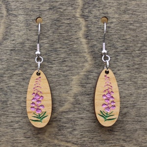 Wood Fireweed Earrings, Hand Painted