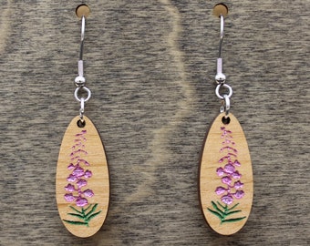 Wood Fireweed Earrings, Hand Painted