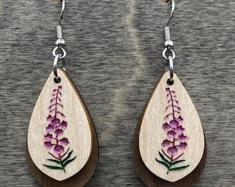 Wooden, Layered, Hand Painted Fireweed Earrings